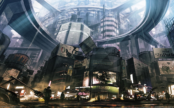 Cyberpunk poster, beige concrete building inside clear dome, futuristic