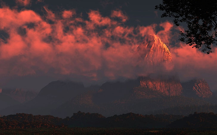 brown mountain, landscape, sunset, clouds, mountains, snowy peak, HD wallpaper