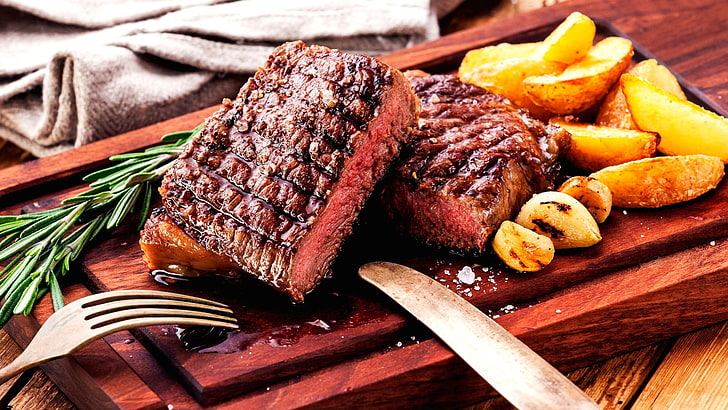 steak, meat, roasting, roast beef, beefsteak, potato wedges, HD wallpaper