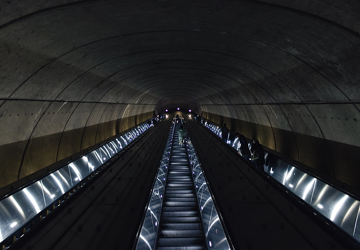 photography, urban, metro, escalator, tunnel, architecture
