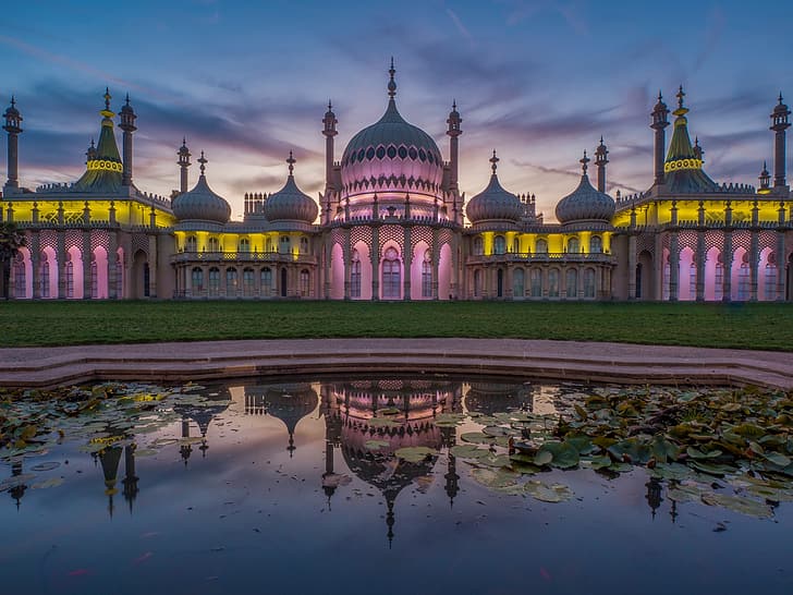 pond, the building, England, architecture, Brighton, The Royal pavilion, HD wallpaper