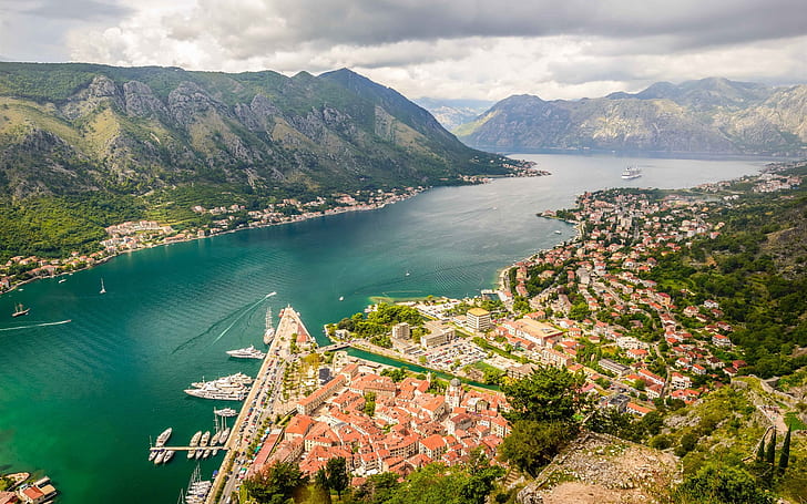 Kotor Bay, Montenegro, river, mountains, city, houses, clouds, HD wallpaper
