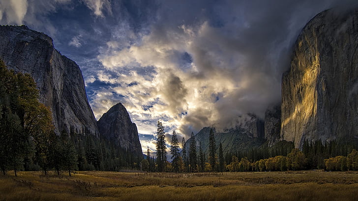 Yosemite National Park, Sierra Nevada, USA, mountains, trees, clouds, HD wallpaper