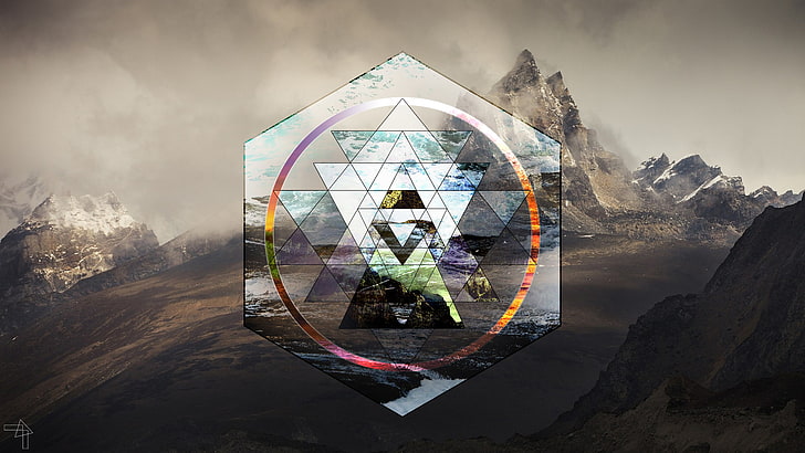 hexagon, landscape, mountain, Polyscape, Sri Yantra, Triangle