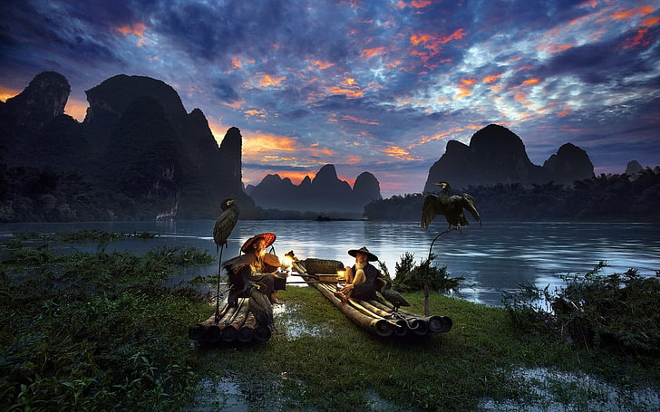 two persons sitting on boats digital wallpaper, nature, landscape