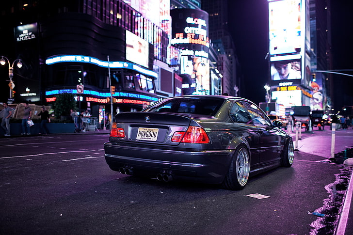 grey BMW coupe, night, the city, lights, tuning, E46, car, street, HD wallpaper