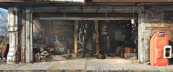 gray robot in garage wallpaper, Fallout, architecture, built structure