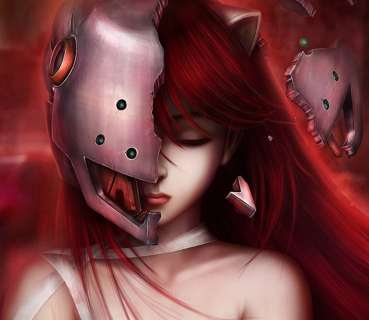red-haired female character illustration, elfen lied, lucy, art