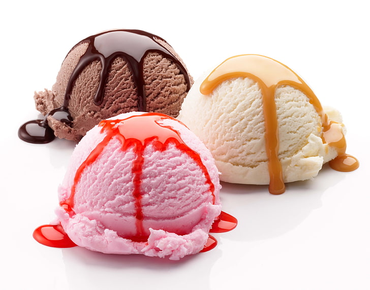 scoop of ice creams, balloons, chocolates, jam, three, dessert, HD wallpaper