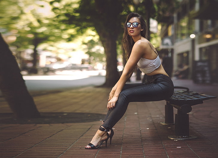 black leather pants, women, sitting, women with glasses, high heels
