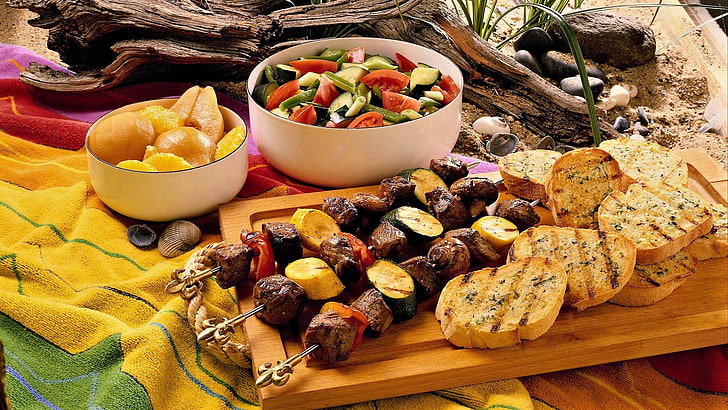 grilled meats, bread, vegetables, food, wood - Material, gourmet, HD wallpaper