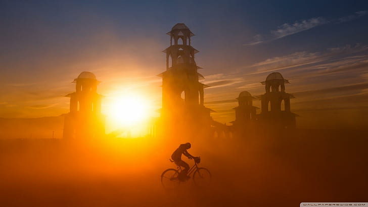 Sstorm At Sunset, four towers, sandstorm, temple, biker, nature and landscapes