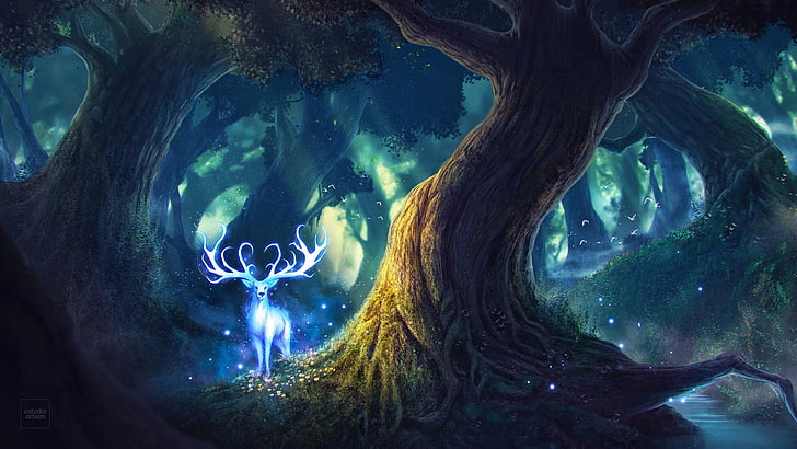 blue reindeer in forest digital wallpaper, landscape, white, fairy tale