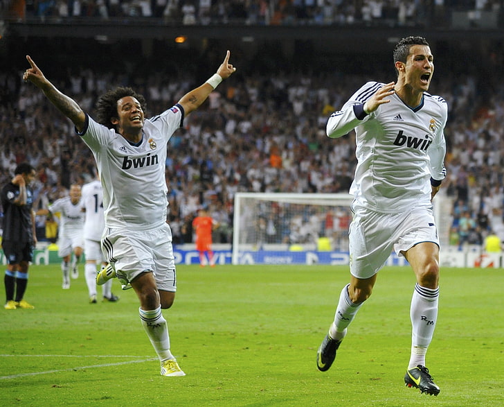 white Bwin jersey, 2012, real Madrid, CR7, Marcelo, C.Ronaldo, HD wallpaper