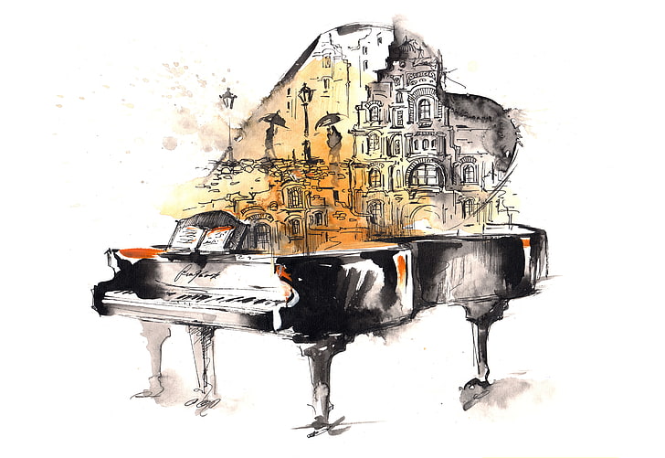grand piano painting, the city, notes, people, rain, figure, art