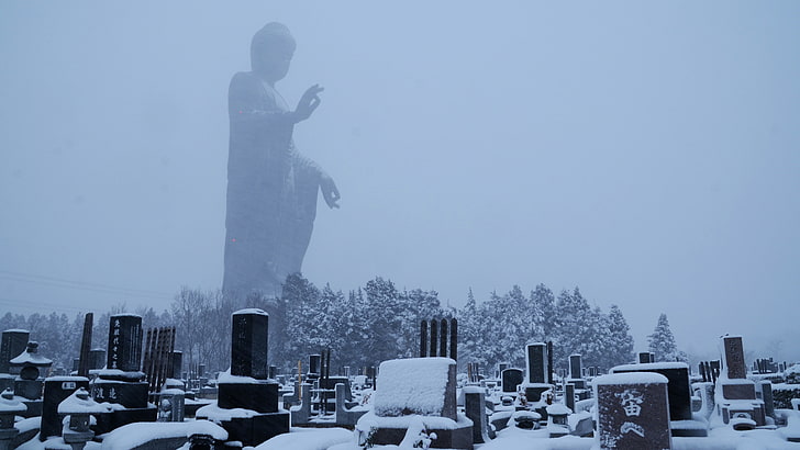 statue, tombstones, Buddha, snow, cold temperature, winter, HD wallpaper