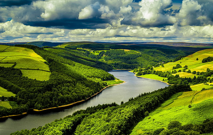 England, clouds, trees, forest, hills, green, nature, UK, water