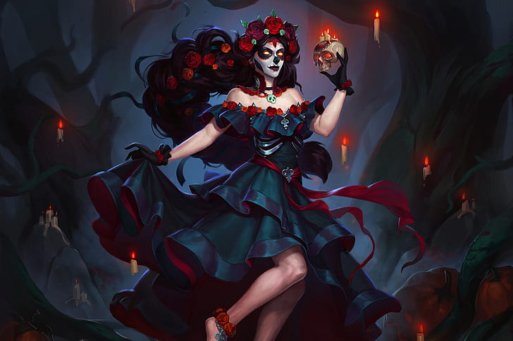 Fantasy, Women, Black Hair, Candle, Day of the Dead, Dress