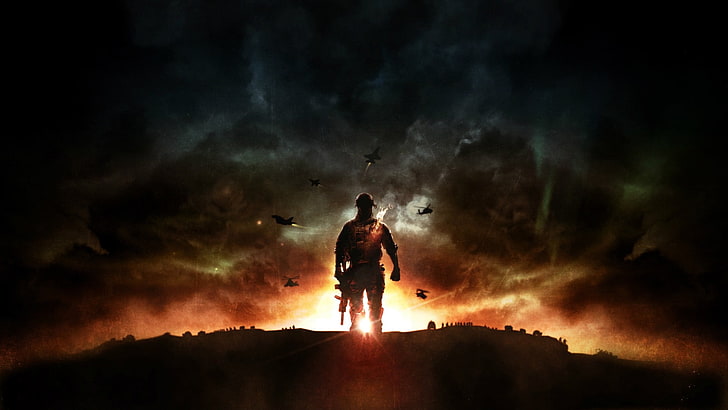 man standing holding rifle digital wallpper, Battlefield, sky