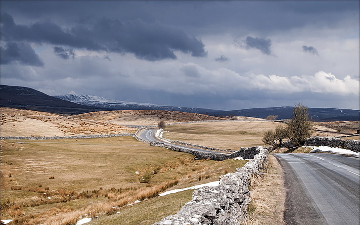 road, landscape, England, field, hills, snow, stone wall, overcast