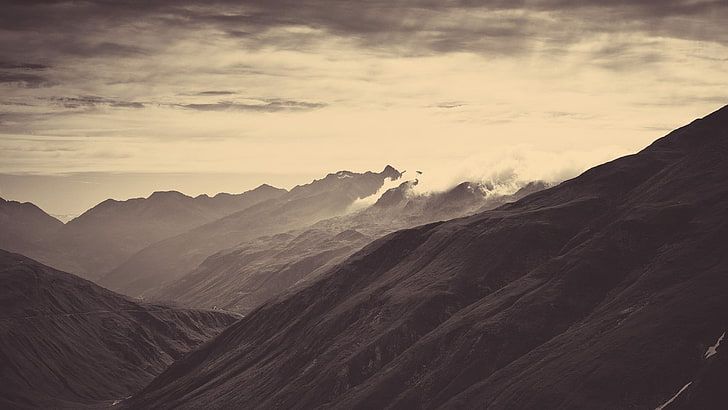 gray mountain, sepia photography of mountain, mountains, sky