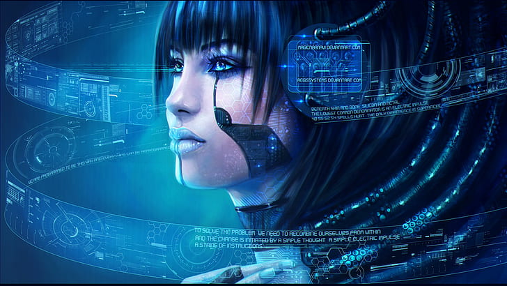 artwork, blue lipstick, blue eyes, video games, cyberpunk, women, HD wallpaper