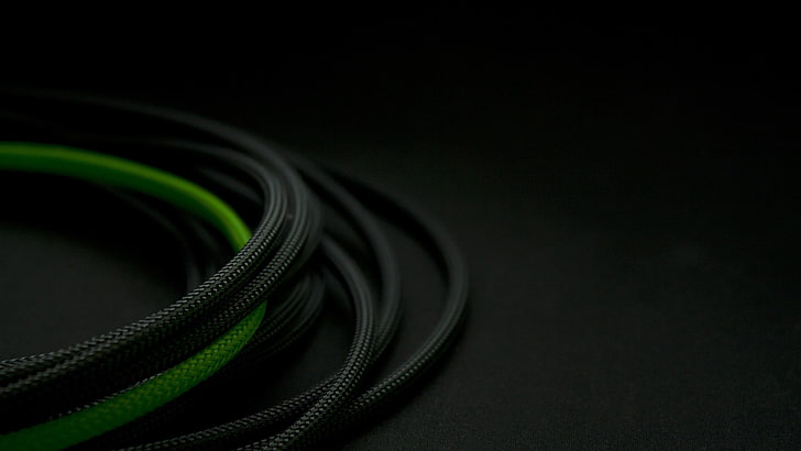 black and green coated cables, wires, selective coloring, Network cable