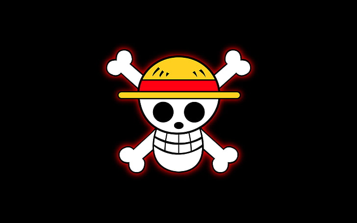 anime, One Piece, skull and bones, hat, black background, representation