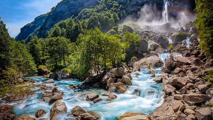 body of water and trees, Switzerland, waterfall, rocks, beauty in nature