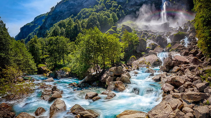trees, water, Switzerland, waterfall, rocks, nautre, rainbow, photography