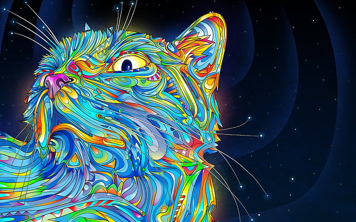 cat, Colorful, digital art, Matei Apostolescu, psychedelic