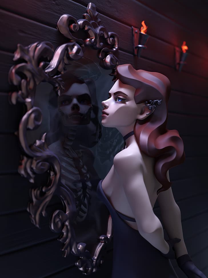 Anna Tutova, skeleton, standing, reflection, sideboob, digital art