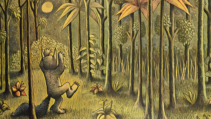 gray wolf on jungle painting, Where the Wild Things Are, night