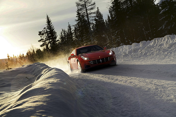 red car on snowy road, Ferrari FF, sports car, mode of transportation