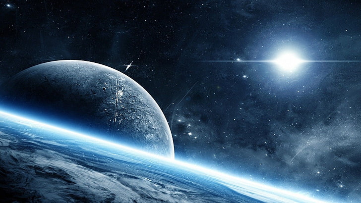 earth and moon wallpaper, flares, space art, planet, stars, glowing