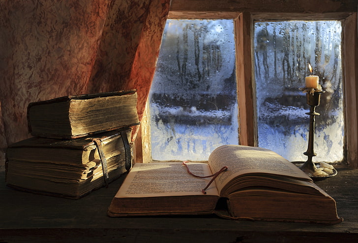 opened book, books, candle, window, read till morning, literature, HD wallpaper