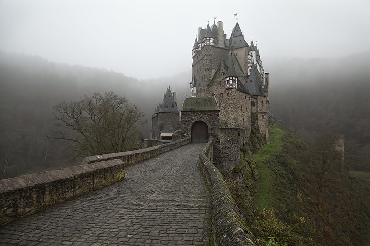 gray concrete castle, road, Fog, Germany, ELTZ Castle, architecture, HD wallpaper