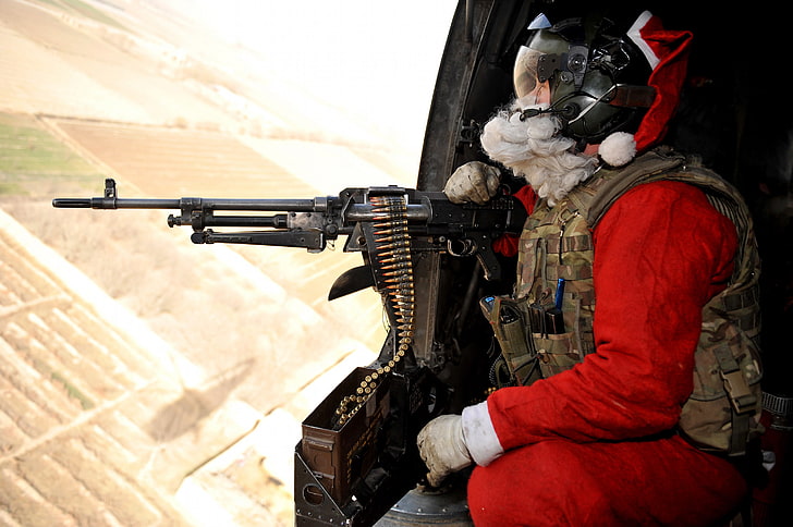 Santa Claus costume, flight, weapons, soldiers, helicopter, machine gun