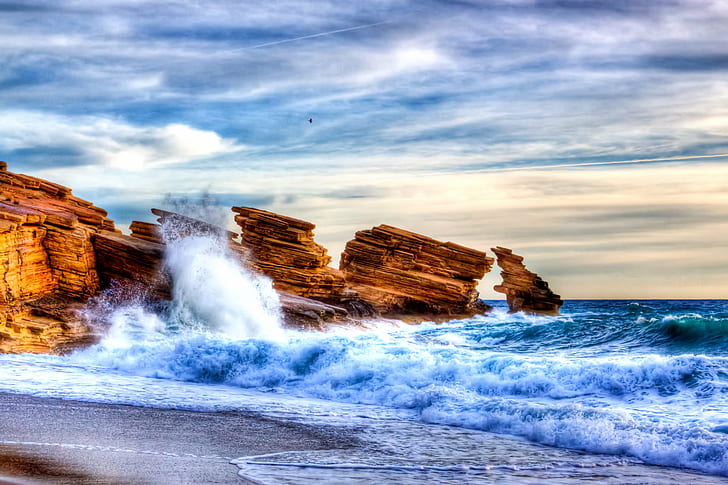 waves, sea, sky, clouds, rocks, nature, θάλασσα, ουρανός, HD wallpaper