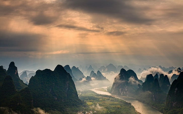 mountains, landscape, field, mist, sun rays, forest, China