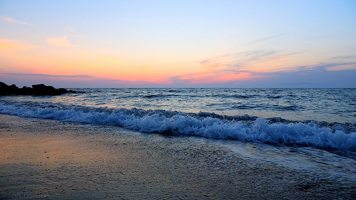 body of water, sea, beach, sky, nature, horizon, sunset, coastline, HD wallpaper