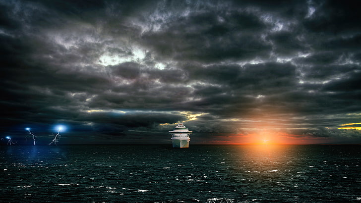 ship, Pacific Ocean, sea, sun rays, lightning, clouds, rendering, HD wallpaper
