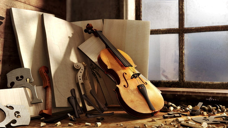 brown cello, musical instrument, violin, wood, window, string instrument, HD wallpaper