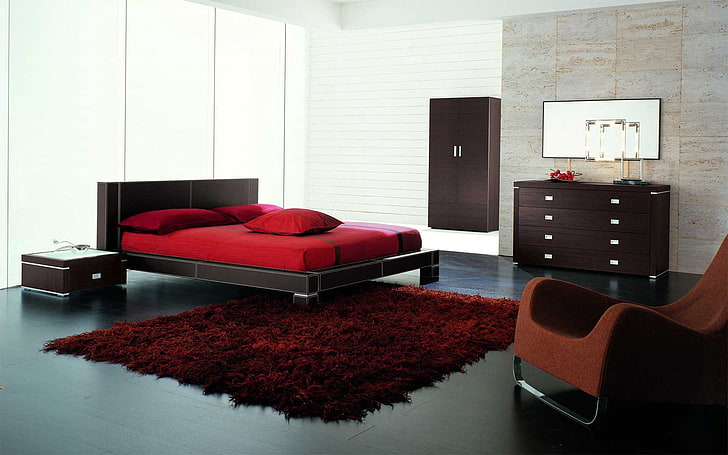 brown wooden bedroom furniture set, design, interior, modern, HD wallpaper