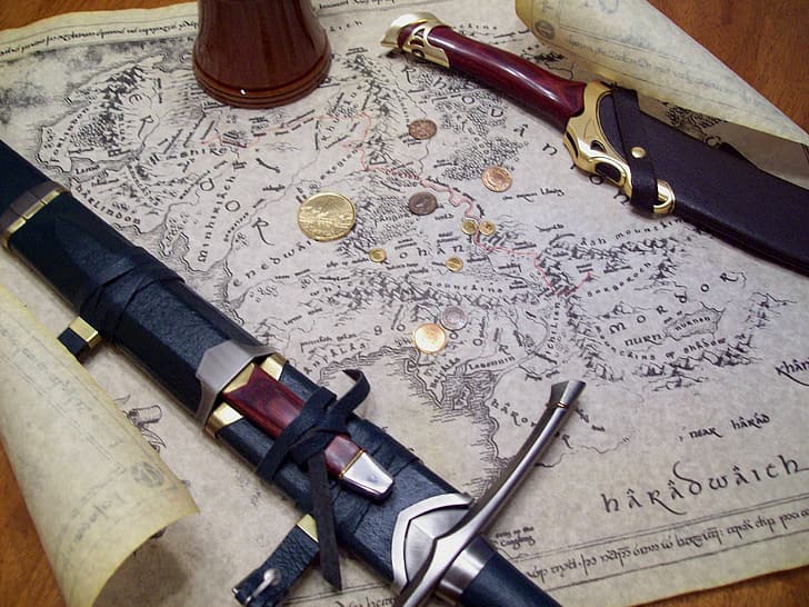 map, dagger, sword, The Lord Of The Rings, coins, John. R. R. Tolkien, HD wallpaper