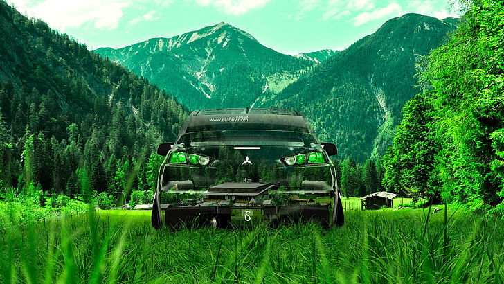 black car illustration, Nature, Mountains, Grass, Style, Wallpaper
