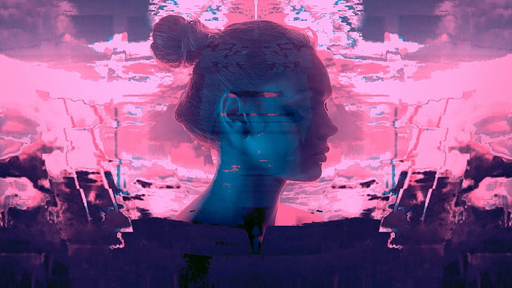 glitch art, vaporwave, women, closed eyes, digital composite, HD wallpaper
