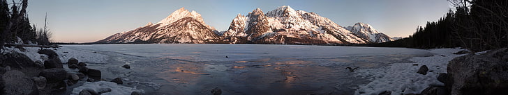 snowy mountain, landscape, mountains, lake, ice, winter, triple screen, HD wallpaper
