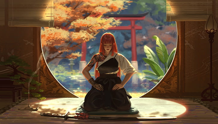 pond, katana, Japan, meditation, tattoo, red, bonsai, Japanese clothing, HD wallpaper