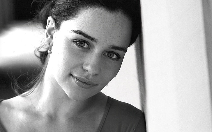 Emilia Clarke, monochrome, women, actress, face, brunette, portrait, HD wallpaper